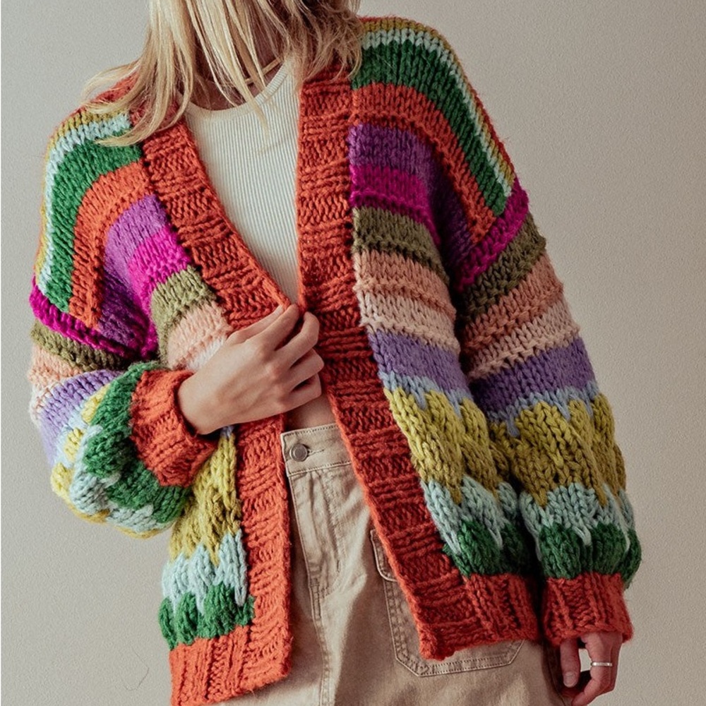 Debut Chunky Knit Open Front Rainbow Striped Colorful Oversized Cardigan Sweater